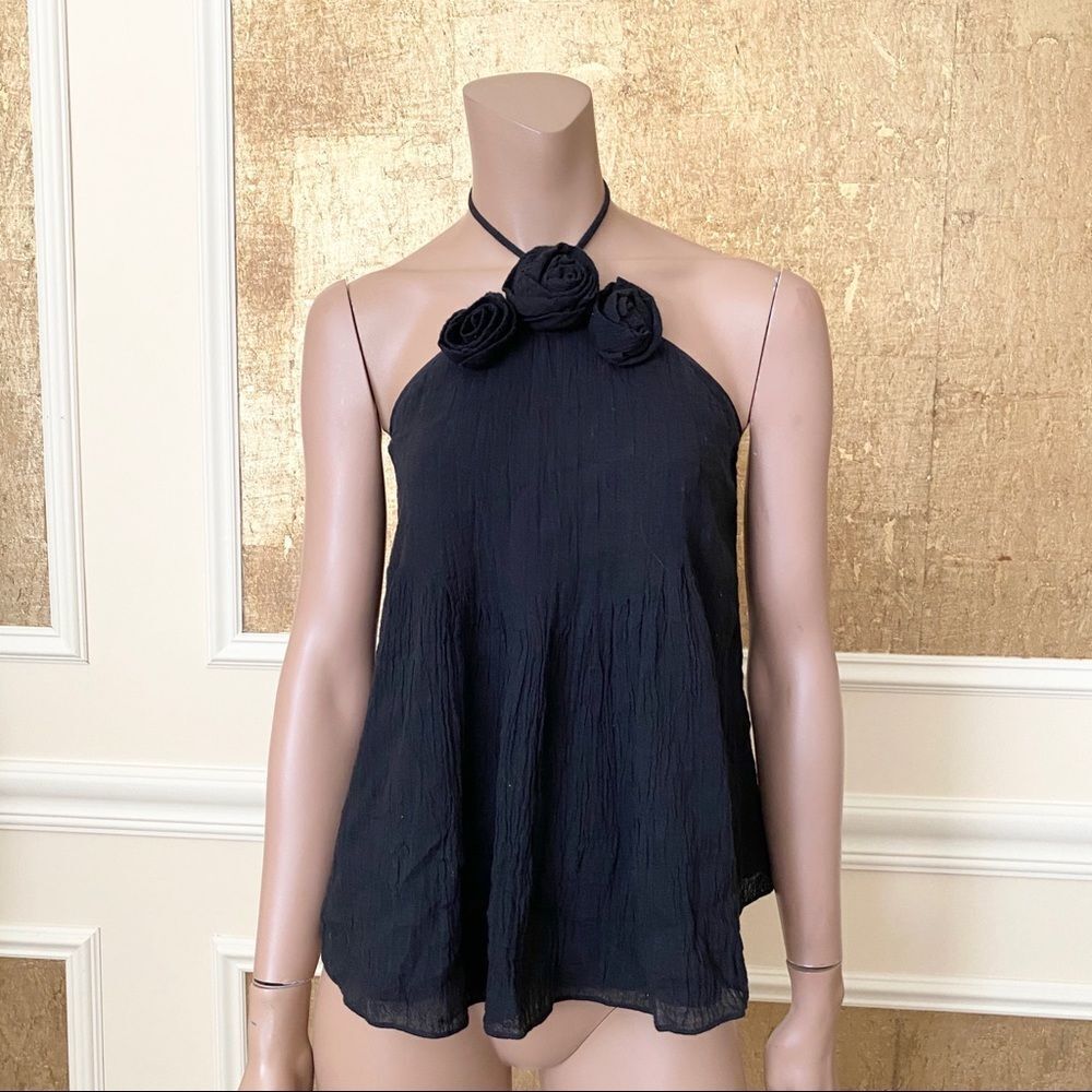 Rebecca Taylor black floral open back halter top 2